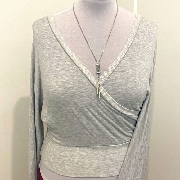 Express Open Back Faux Wrap Top Heather Gray |Size Small - Picture 3 of 10